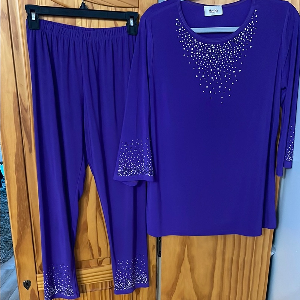 MAXIMA ROYAL DIAMOTE TUNIC PANTSUIT WOMEN M PURPLE EMBELLISH ENSEMBLE 3/4 SLEEVE